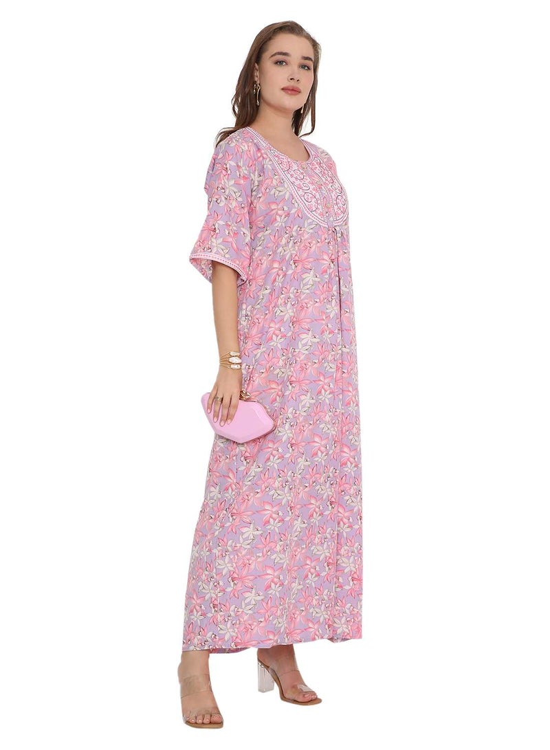 HANA & SARA NEW SHORT SLEEVE PRINTED LONG ARABIC KAFTAN JALABIYA DRESSES  - Image 5