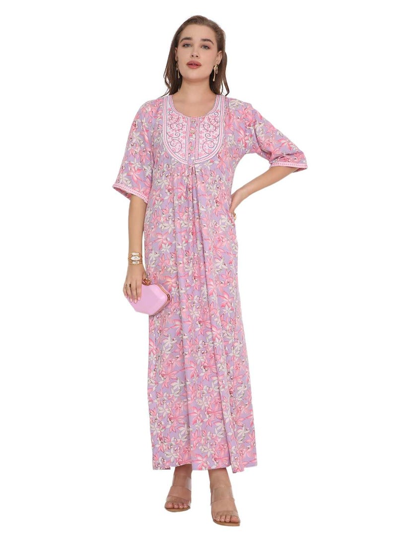 HANA & SARA NEW SHORT SLEEVE PRINTED LONG ARABIC KAFTAN JALABIYA DRESSES  - Image 1