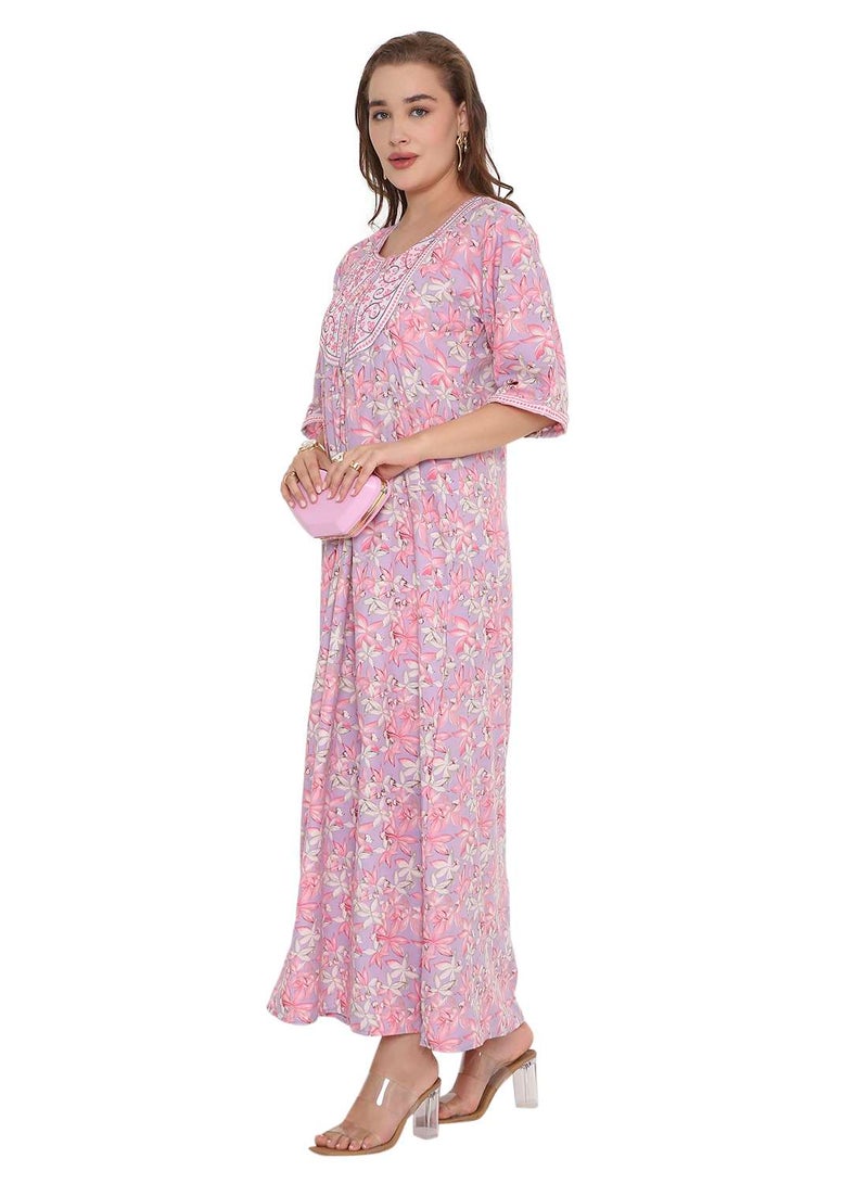 HANA & SARA NEW SHORT SLEEVE PRINTED LONG ARABIC KAFTAN JALABIYA DRESSES  - Image 4