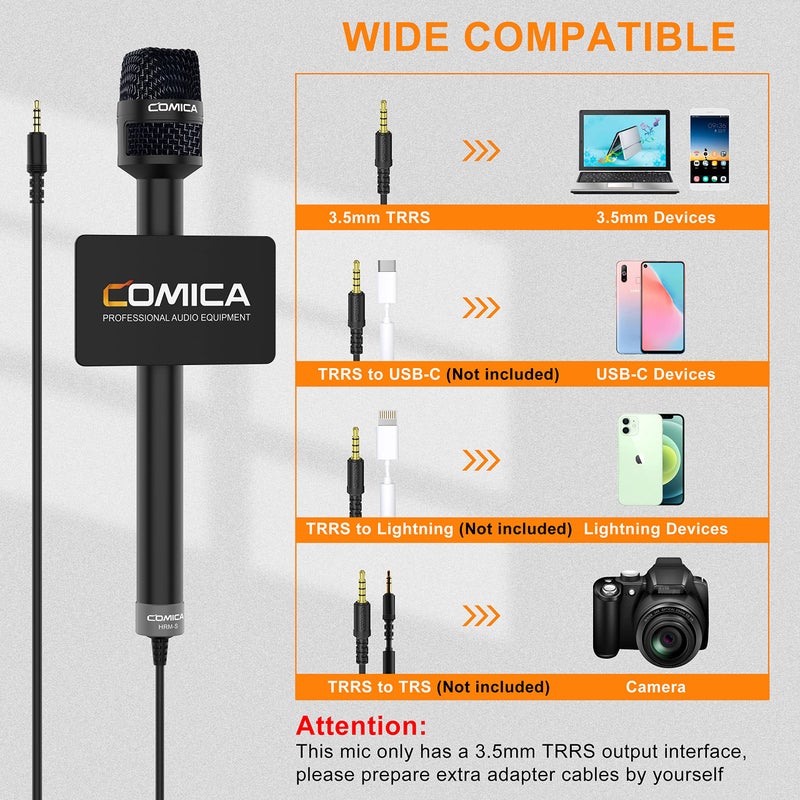 COMICA HRM-S Handheld Interview Microphone for Smartphone, 3.5mm TRRS Cardioid Condenser Reporter Mic for Video Recording, Interview, Speech, Vocal - Image 2