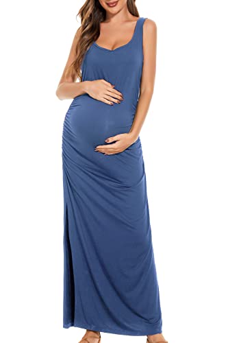 Smallshow Women's Split Long Maternity Dress Sleeveness Ruched Pregnancy Clothes Medium Grey Blue - Image 2