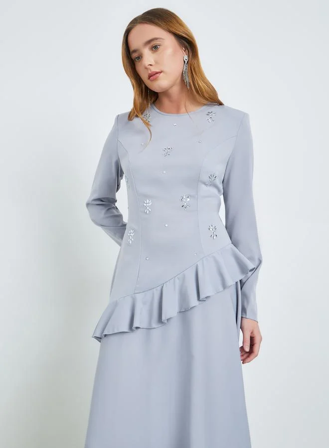 Take Two Blue Embellished Ruffle Maxi Dress