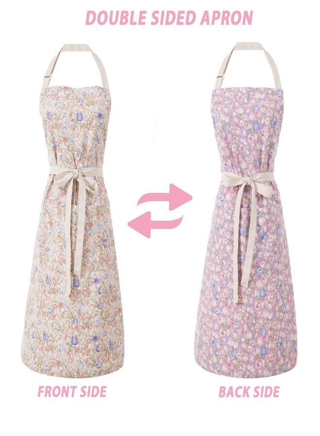 Aoomzoon Kitchen Aprons for Women with 2 Pockets,Double Sided Vintage Adjustable Apron for Gardening Cooking Arting Painting (Brown/Pink Flowers) - Image 4