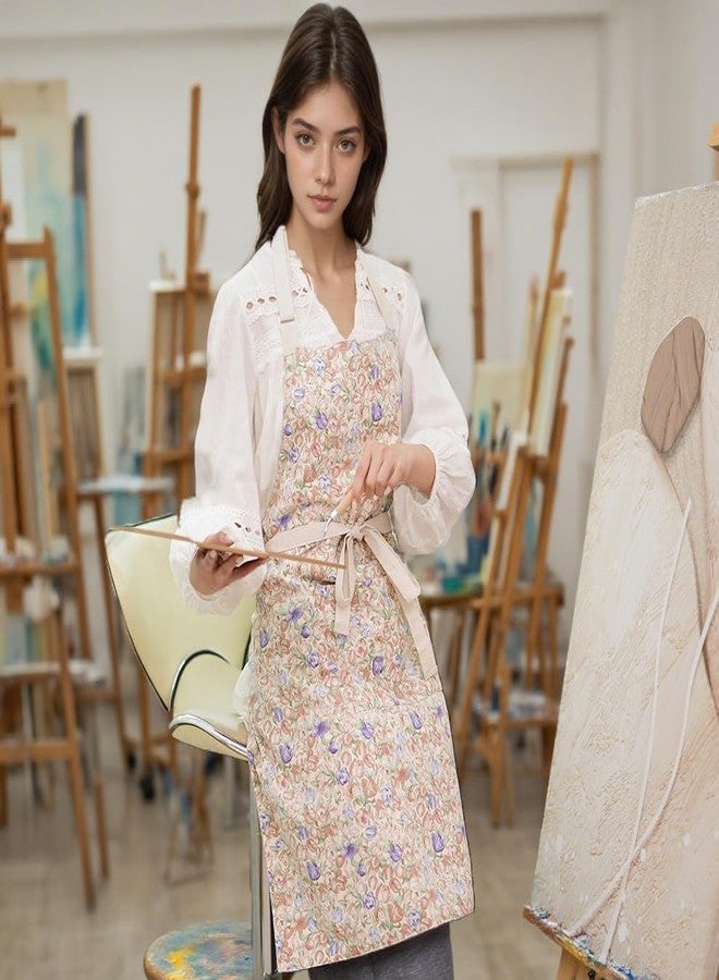Aoomzoon Kitchen Aprons for Women with 2 Pockets,Double Sided Vintage Adjustable Apron for Gardening Cooking Arting Painting (Brown/Pink Flowers) - Image 2
