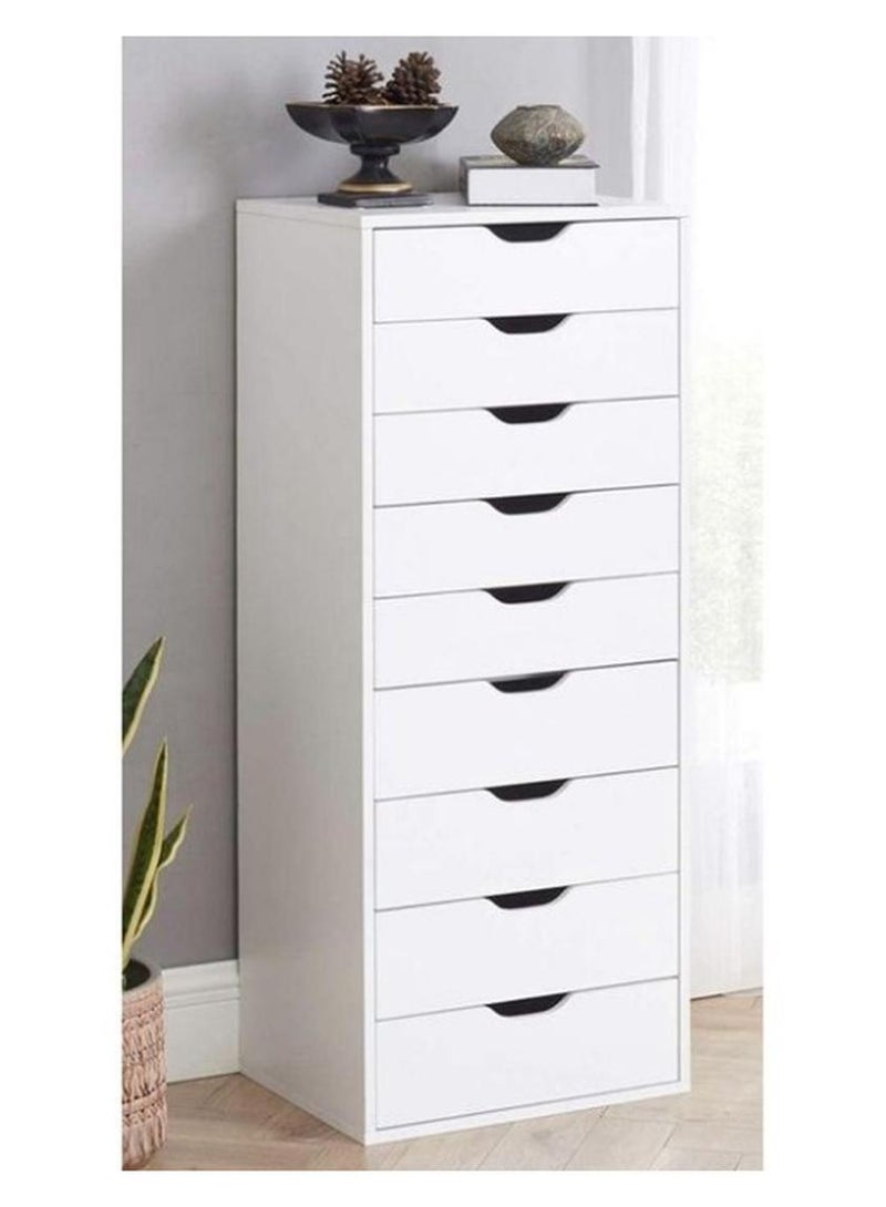 خزانة 9 أدراج البيضاء التي تجمع بين العملية والجمال في تصميم واحد عصري يضيف لمسة من الهدوء والنقاء إلى أي غرفة