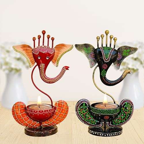 Vipron Iron T Light Ganesh Candle Holder for Home Decor Set of 2 (RED Black) - Image 1