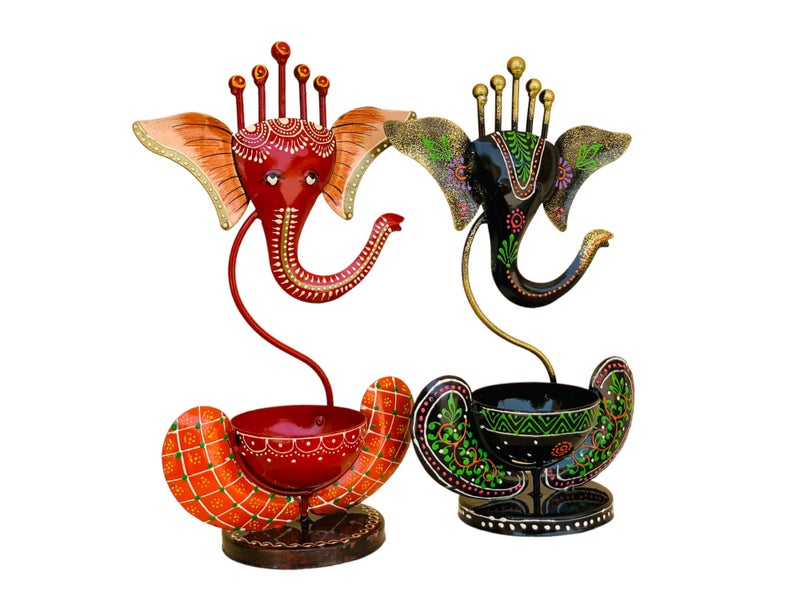 Vipron Iron T Light Ganesh Candle Holder for Home Decor Set of 2 (RED Black) - Image 4