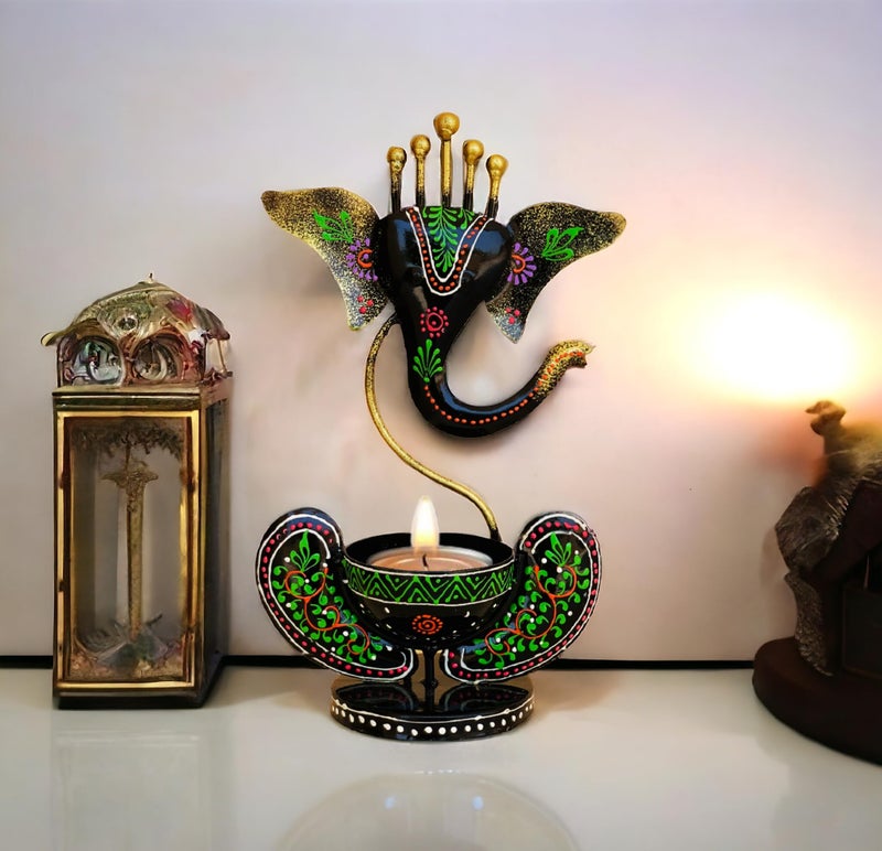 Vipron Iron T Light Ganesh Candle Holder for Home Decor Set of 2 (RED Black) - Image 5