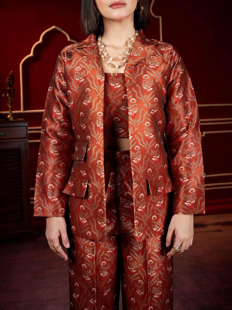 PURVAJA Women's Full Sleeve Crop Top Trouser Printed Co-Ords Set [Razy-064-Rust-S] - Image 3