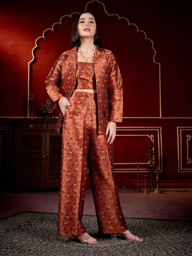 PURVAJA Women's Full Sleeve Crop Top Trouser Printed Co-Ords Set [Razy-064-Rust-S] - Image 2