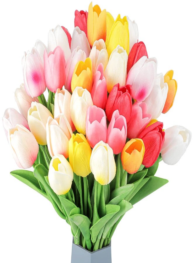 Geosar 40 Pcs Mother's Day Artificial Fake Tulip Flowers Bulk for Decoration, 14 Inch PU Faux Tulip Stems for Wedding Table Centerpieces Floral Vase Decor(Fresh Colors) - Image 1