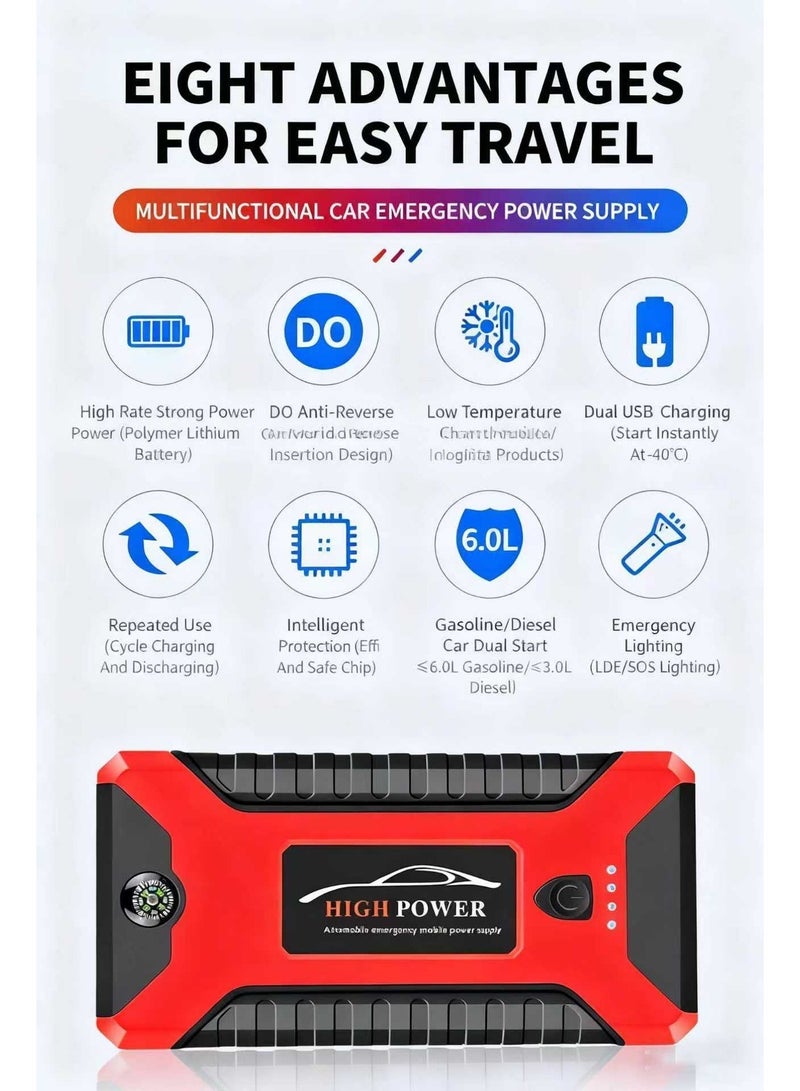 Jump Starter with Air Compressor 99800mA 12V, -40 - 85°C,Water-Resistant,Car Battery Jump Starter All Gas Car 6.0L Diesel Smart Jumper and LED Emergency Light SOS,with CE,FCC,ROHS Certification - Image 4