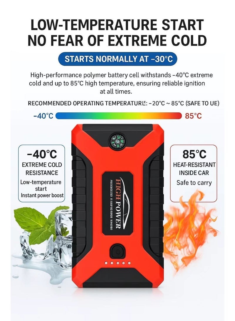Jump Starter with Air Compressor 99800mA 12V, -40 - 85°C,Water-Resistant,Car Battery Jump Starter All Gas Car 6.0L Diesel Smart Jumper and LED Emergency Light SOS,with CE,FCC,ROHS Certification - Image 5
