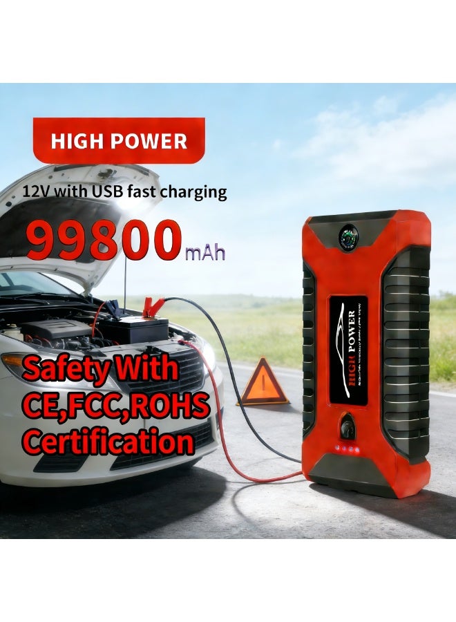 Jump Starter with Air Compressor 99800mAh 12V,Safety with CE,FCC,ROHS,-40℃-85℃,WaterProof,Car Battery Jump Starter All 6.0L Gas Car,2.0L Diesel, Smart Jumper,Power bank,Portable Battery Jumper Pack,LED Emergency Light,SOS - Image 2
