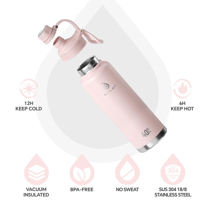 IDEUS Insulated Stainless Steel Water Bottle with 2 Leak-Proof Lids, Thermal Water Flask for Hiking Biking, 40oz, Light Pink - Image 2
