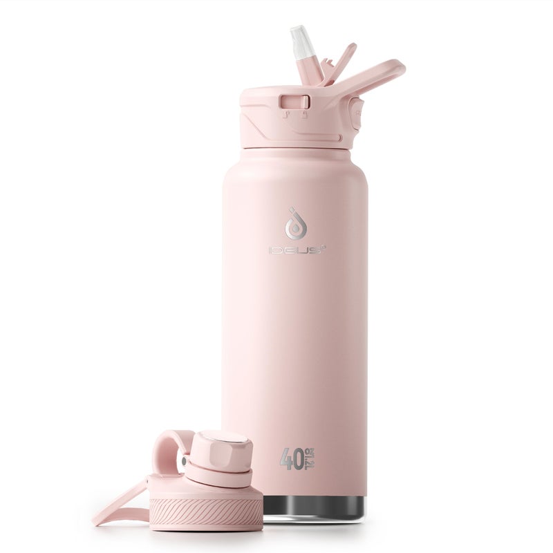 IDEUS Insulated Stainless Steel Water Bottle with 2 Leak-Proof Lids, Thermal Water Flask for Hiking Biking, 40oz, Light Pink - Image 1