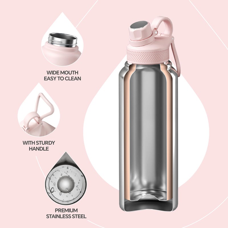 IDEUS Insulated Stainless Steel Water Bottle with 2 Leak-Proof Lids, Thermal Water Flask for Hiking Biking, 40oz, Light Pink - Image 3