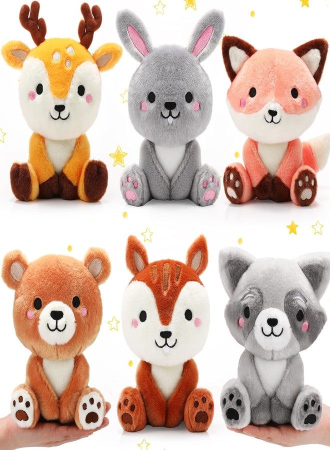 RoundFunny 6 Pcs Woodland Animals Toys 7 Inch Bear Rabbit Squirrel Deer Raccoon Fox Large Stuffed Animals Bulk for Woodland Baby Showers Party Decor Birthday Gifts Classroom Teacher Student Awards - Image 1