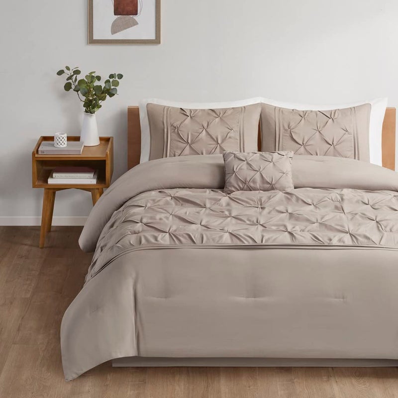 Comfort Spaces Comfort Spaces Cavoy Comforter Set  Luxe Diamond Tufting All Season Bedding Matching Bed Skirt Decorative Pillows King Faux Silk Taupe 5 Piece 