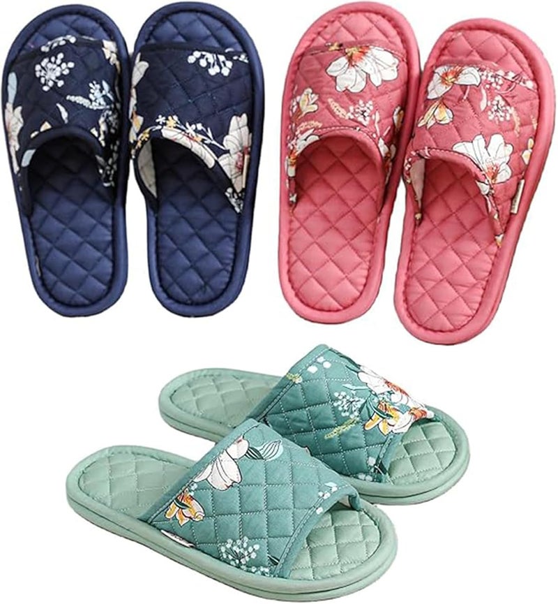 Excefore 3 Pairs Floral Cotton House Slippers for Women, Open Toe Indoor Slippers Comfortable Washable Portable Foldable Guest Travel Hotel Airplane Spa Slippers - Image 1