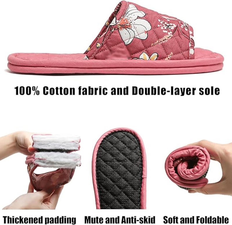 Excefore 3 Pairs Floral Cotton House Slippers for Women, Open Toe Indoor Slippers Comfortable Washable Portable Foldable Guest Travel Hotel Airplane Spa Slippers - Image 5
