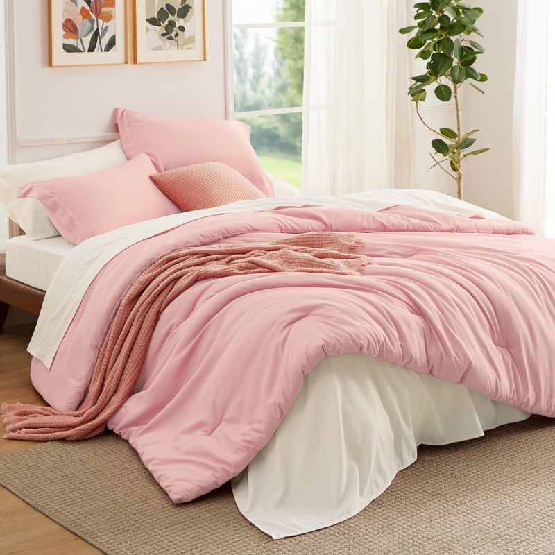 Bedsure Queen Comforter Set  7 Pieces Pink Queen Bedding Set for All Seasons Boho Contrasting Design Bed in a Bag with Comforter Sheets Pillowcases  Shams