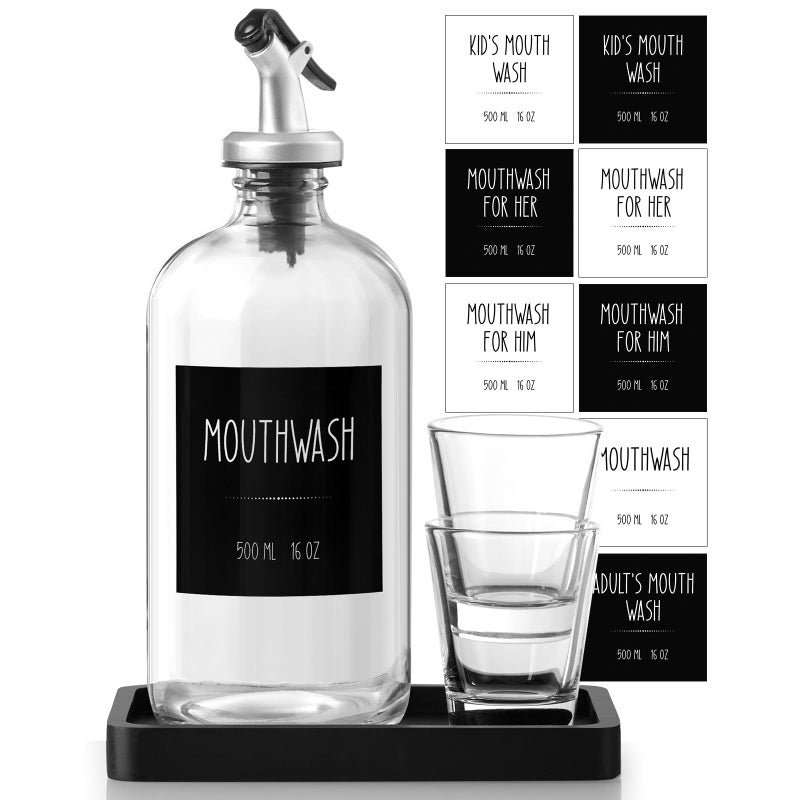 CMLKLZD Glass Mouthwash Dispenser for Bathroom 16 OZ Mouth Wash Bottle Container with Pour Spout Reusable Mouthwash Cups Wood Tray Labels Black Kitchen Bathroom Decor and Accessories - Image 2