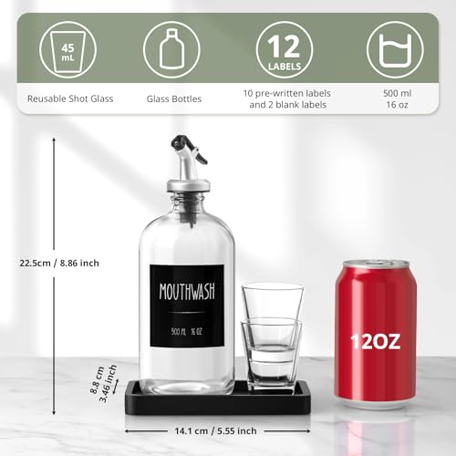 CMLKLZD Glass Mouthwash Dispenser for Bathroom 16 OZ Mouth Wash Bottle Container with Pour Spout Reusable Mouthwash Cups Wood Tray Labels Black Kitchen Bathroom Decor and Accessories - Image 3