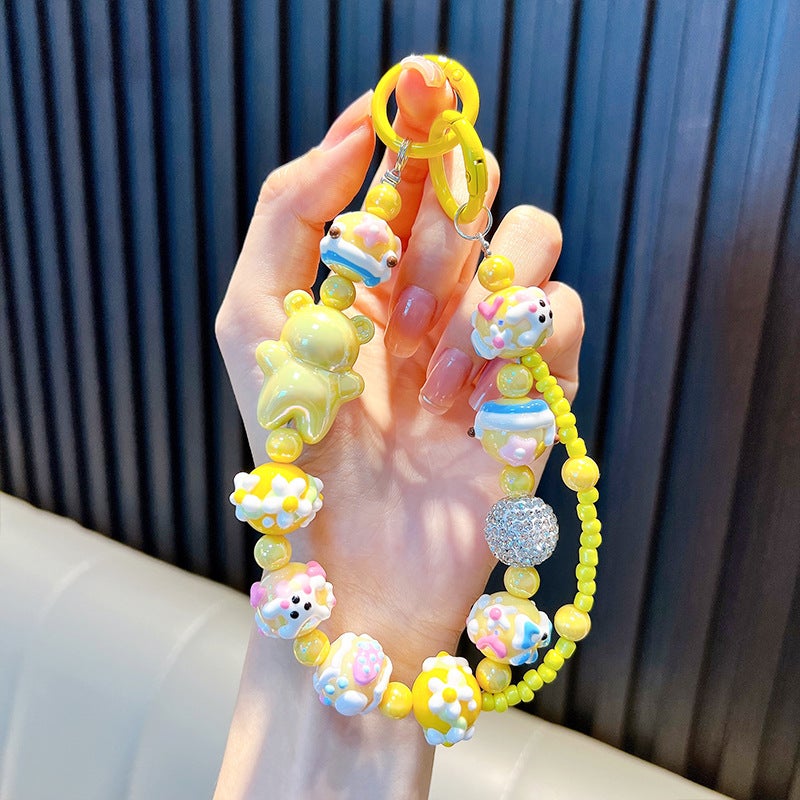 Creative Hand-Painted Bear Beads Mobile Phone Chain Keychain Bag Accessory Couple Gift Keychain Jewelry Fashion Accessories Yellow-cute bear beaded bracelet (note: shipped by color, hand-painted beads, doll letters, random)