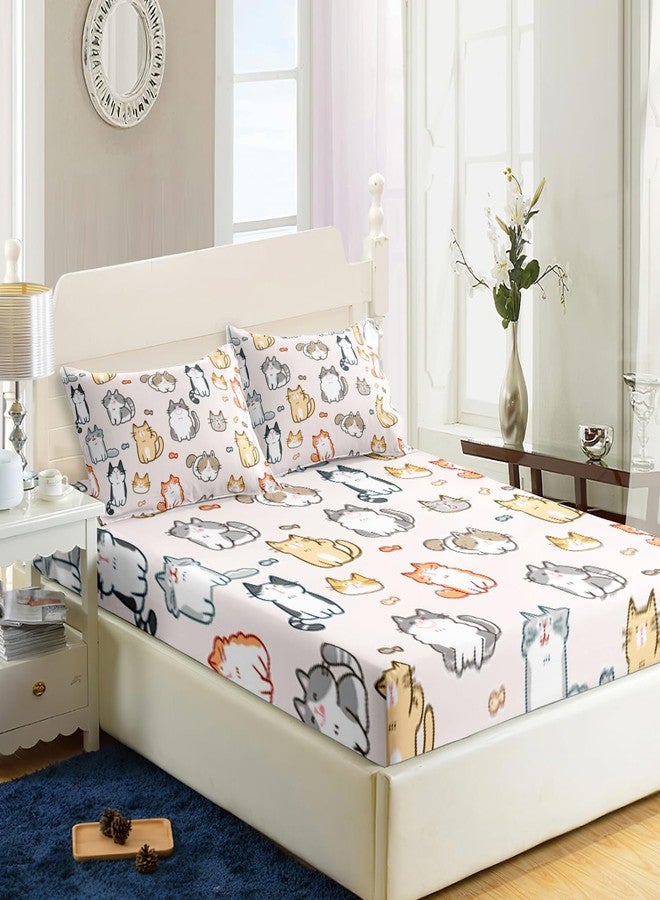 XYNHML Kids Cute Cat Fitted Sheet Set 3Pcs Cartoon Pet Cat Fishing Quilt Bed Sheets Queen Lovely Animal Bedding Set for Boys Teens Adult Includes 1 Fitted Sheet,2 Pillowcases - Image 3