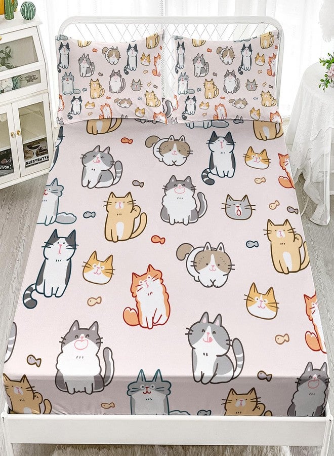 XYNHML Kids Cute Cat Fitted Sheet Set 3Pcs Cartoon Pet Cat Fishing Quilt Bed Sheets Queen Lovely Animal Bedding Set for Boys Teens Adult Includes 1 Fitted Sheet,2 Pillowcases - Image 1