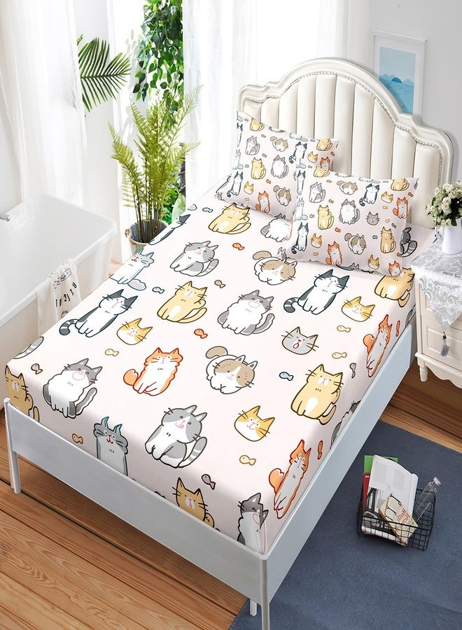 XYNHML Kids Cute Cat Fitted Sheet Set 3Pcs Cartoon Pet Cat Fishing Quilt Bed Sheets Queen Lovely Animal Bedding Set for Boys Teens Adult Includes 1 Fitted Sheet,2 Pillowcases - Image 4