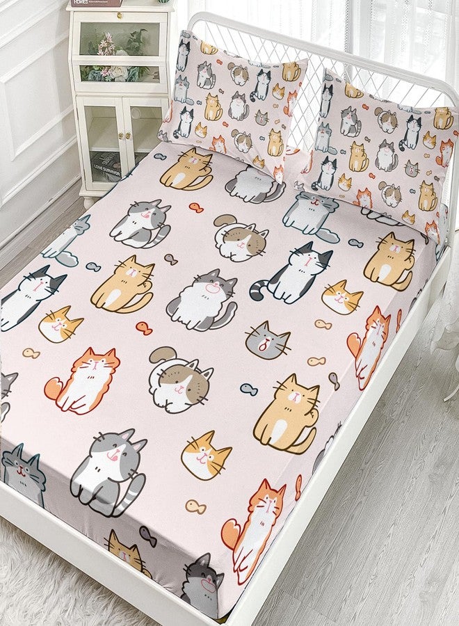 XYNHML Kids Cute Cat Fitted Sheet Set 3Pcs Cartoon Pet Cat Fishing Quilt Bed Sheets Queen Lovely Animal Bedding Set for Boys Teens Adult Includes 1 Fitted Sheet,2 Pillowcases - Image 2