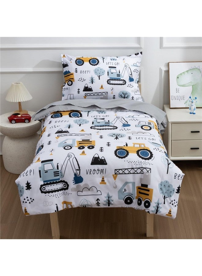 NTBED 4 Pieces Construction Toddler Bedding Set for Baby Boys,Tree Truck Vehicles Excavator Cars Printed, Includes Comforter, Flat Sheet, Fitted Sheet and Pillowcase,Light Grey - Image 2