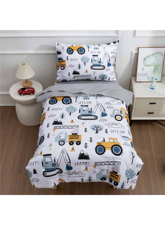 NTBED 4 Pieces Construction Toddler Bedding Set for Baby Boys,Tree Truck Vehicles Excavator Cars Printed, Includes Comforter, Flat Sheet, Fitted Sheet and Pillowcase,Light Grey - Image 1