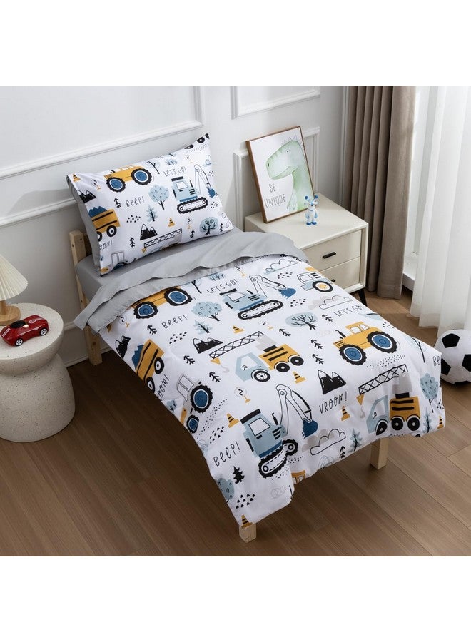 NTBED 4 Pieces Construction Toddler Bedding Set for Baby Boys,Tree Truck Vehicles Excavator Cars Printed, Includes Comforter, Flat Sheet, Fitted Sheet and Pillowcase,Light Grey - Image 3