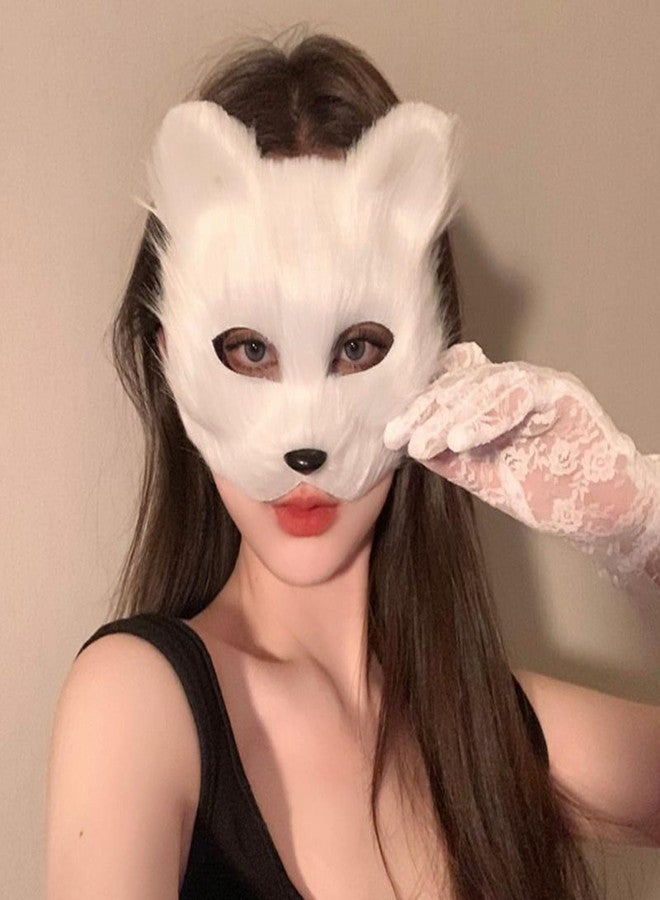 Soochat Fox Mask Half Face Wolf Mask Plush Therian Masks for Cosplay Halloween Masquerade Costume Party Cosplay Props (White) - Image 3