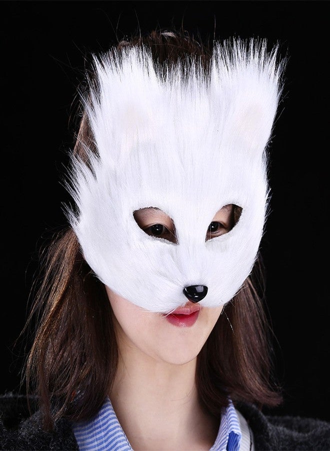 Soochat Fox Mask Half Face Wolf Mask Plush Therian Masks for Cosplay Halloween Masquerade Costume Party Cosplay Props (White) - Image 4