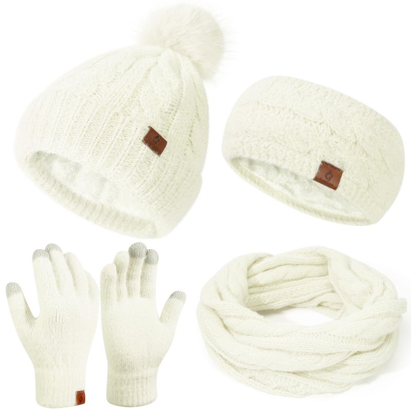 Goocoz Womens Beanie Hat Infinity Scarf Touchscreen Gloves Fleece Headband 4 in 1 Winter Clothes Set Gifts for Women White - Image 1