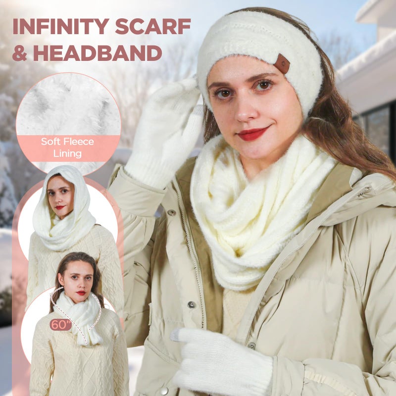 Goocoz Womens Beanie Hat Infinity Scarf Touchscreen Gloves Fleece Headband 4 in 1 Winter Clothes Set Gifts for Women White - Image 3