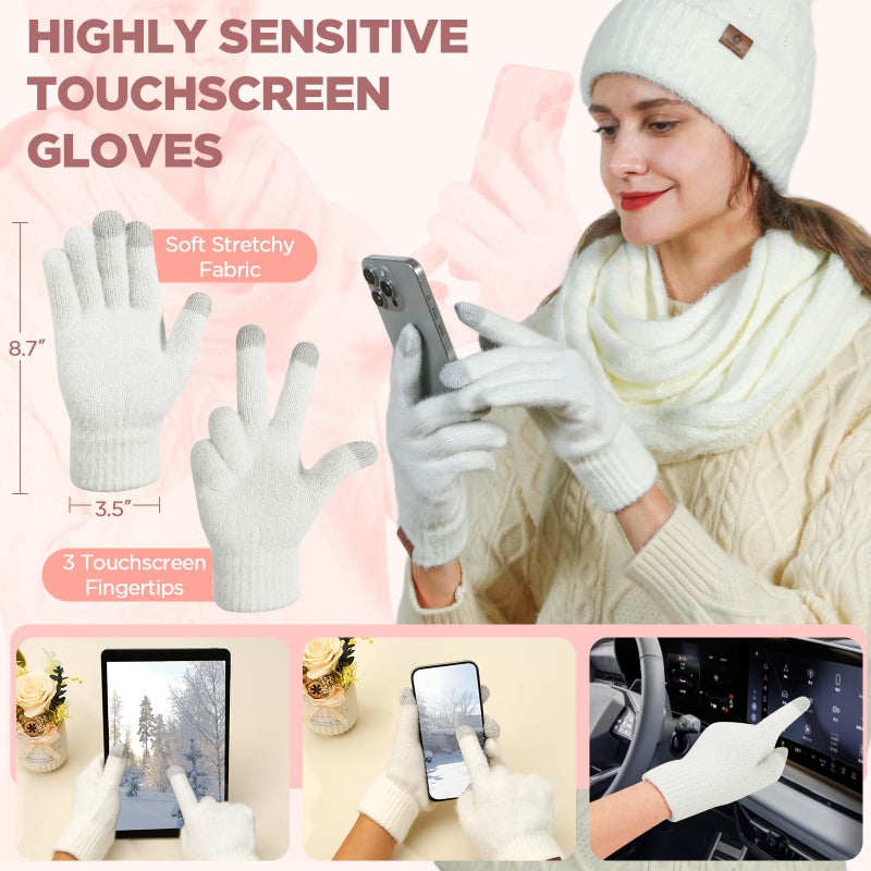 Goocoz Womens Beanie Hat Infinity Scarf Touchscreen Gloves Fleece Headband 4 in 1 Winter Clothes Set Gifts for Women White - Image 4