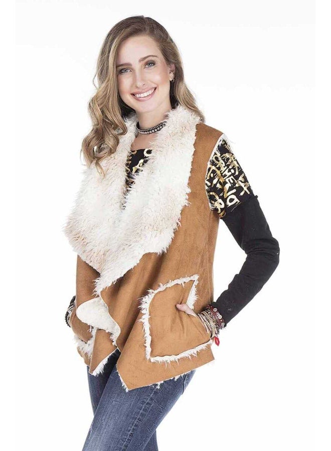 Cipo & Baxx Women's Brown Fur-Lined Pocket Sleeveless Camel Loose Vest. - Image 1