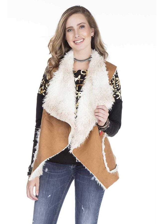 Cipo & Baxx Women's Brown Fur-Lined Pocket Sleeveless Camel Loose Vest. - Image 3