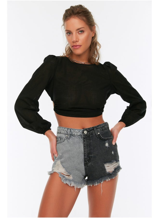 trendyol - Denim Color Block Denim 100% Cotton Shorts & Bermuda TBESS22SR0391 - Image 1