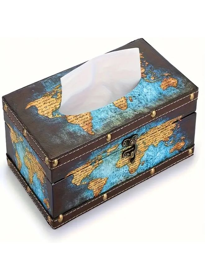 Vintage World Map Wooden Tissue Box Cover Yellow Decorative Lid Golden Accents - Image 4
