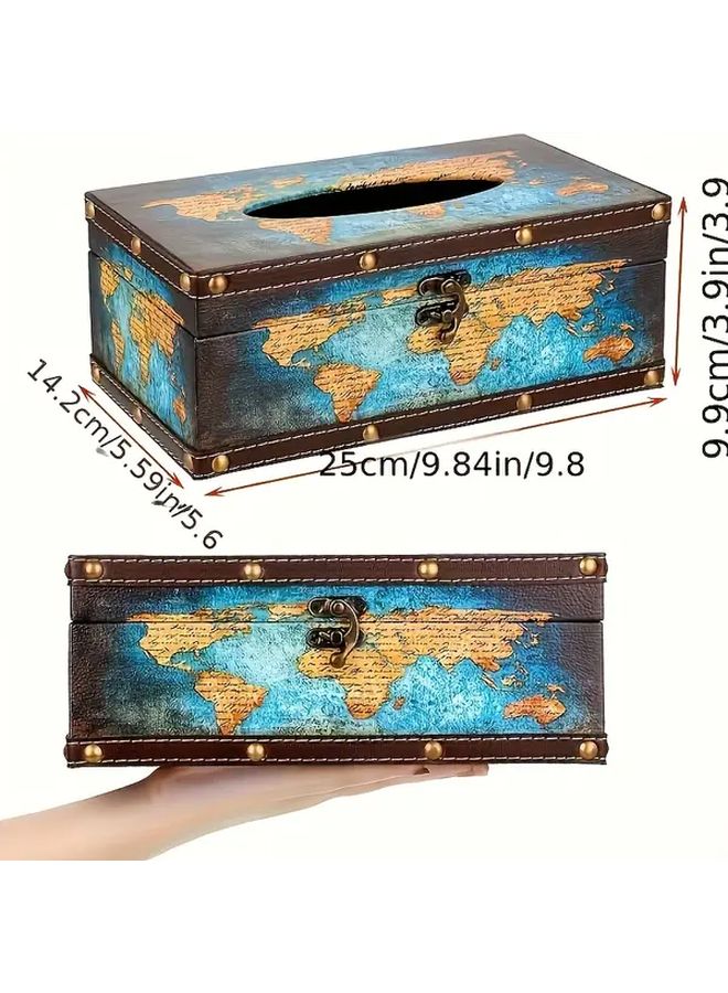 Vintage World Map Wooden Tissue Box Cover Yellow Decorative Lid Golden Accents - Image 5