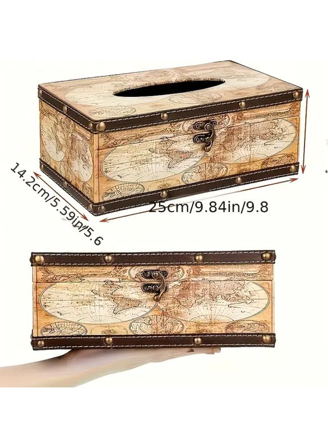 Vintage World Map Wooden Tissue Box Cover Yellow Decorative Lid Golden Accents - Image 3