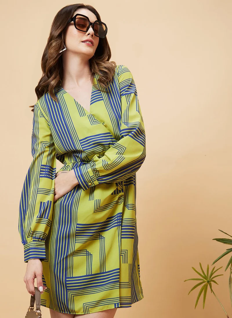 globus Globus Women Green Geometric Printed Long Sleeves Warp Dress