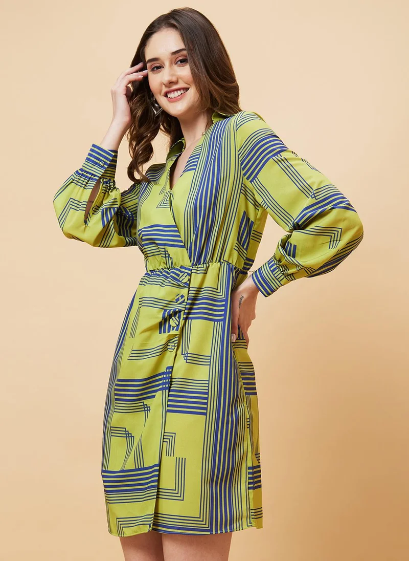 globus Globus Women Green Geometric Printed Long Sleeves Warp Dress