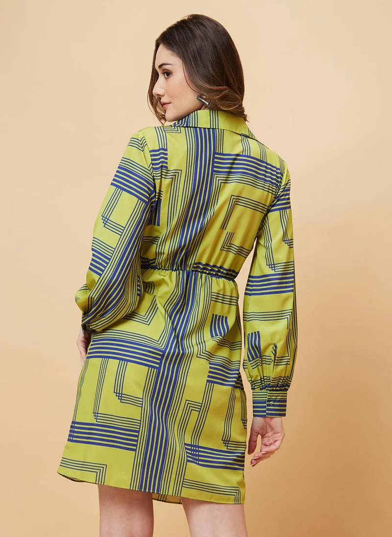 globus Globus Women Green Geometric Printed Long Sleeves Warp Dress